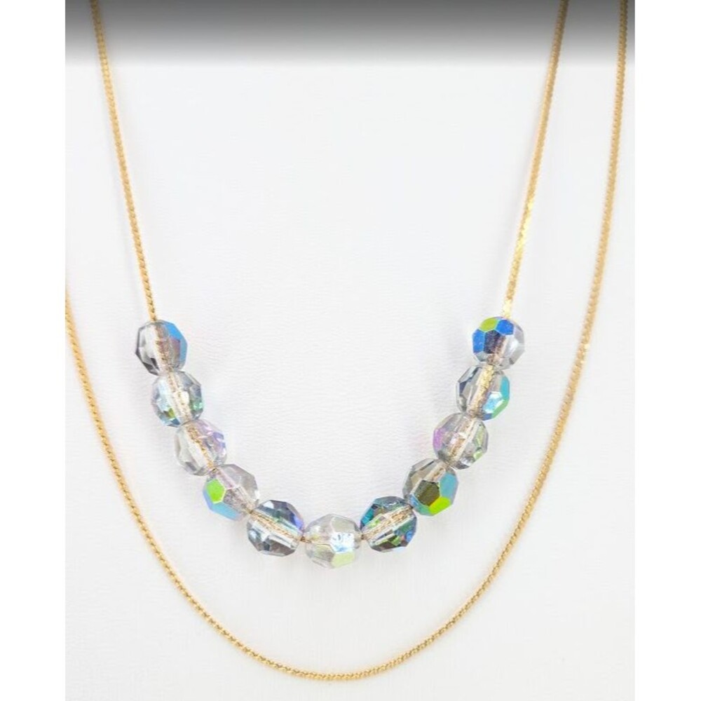 Vintage Necklace Double Strand Gold Tone Iridescent Faceted Plastic Beads 22in - Picture 2 of 16